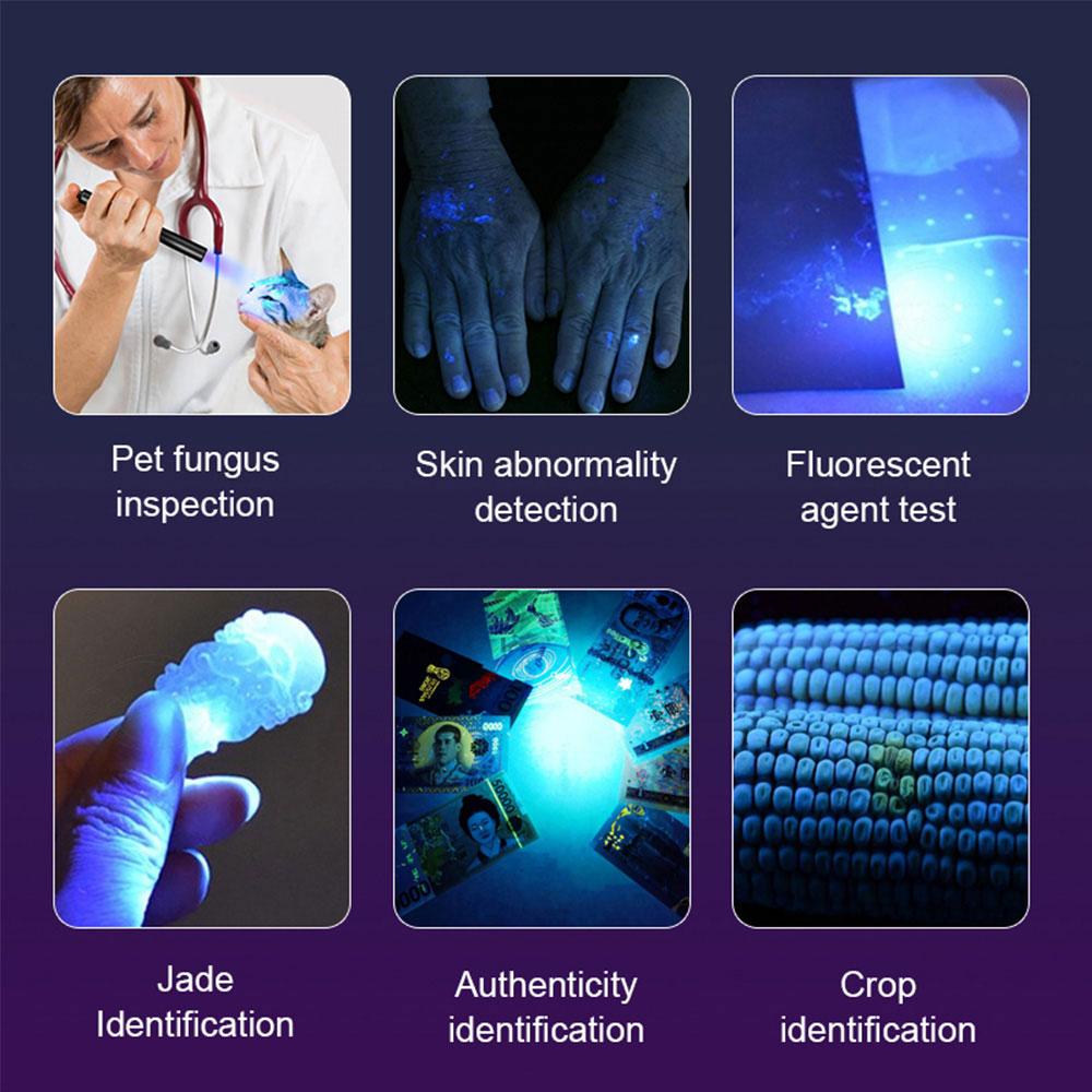 365 nm UV flashlight, USB rechargeable, high power black light, suitable for pet urine detection, resin curing, mineral identification, blood trail tracking, scorpion capture, rock treasure hunting, gemstone identification, and air conditioner leak detect