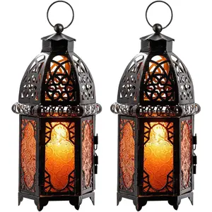 2Pcs 11-Inch Antique Amber Bronze Moroccan Metal Hanging Candle Lantern Set with Glass, Gothic Light, Decoration Ornaments for Home Table Centerpiece, Wedding Gift, Indoor-Outdoor Patio Porch Use Rechargeable LED