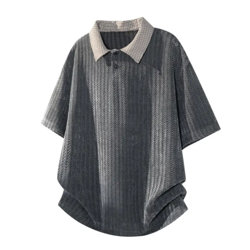 Men's Pullover Polo Shirt, Retro Color Block Style with an Overall Fishbone Texture, Casual Loose Fit Shortsleeve Top, Block Style Men's Short-Sleeve T-Shirts, Chinese New Year, Button, M