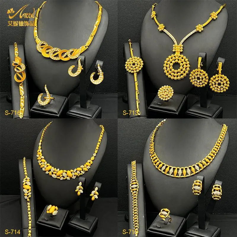 ANIID Fine Dubai 24k Gold Color Jewelry Set For Women Luxury Unique Pendant Necklace Earrings Weddings Gifts Party Accessory