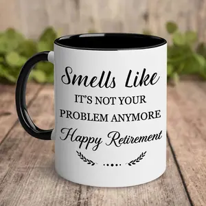 1pc, 11oz, Ceramic coffee mug, Funny Retirement Mug Gift with "Smells Like Not Your Problem Anymore" Quote - White Coffee Cup with Black Handle, Happy Retirement Gifts for Coworkers Boss Manager, Office Farewell Leaving Present, Retirement Gift Mug |   Co
