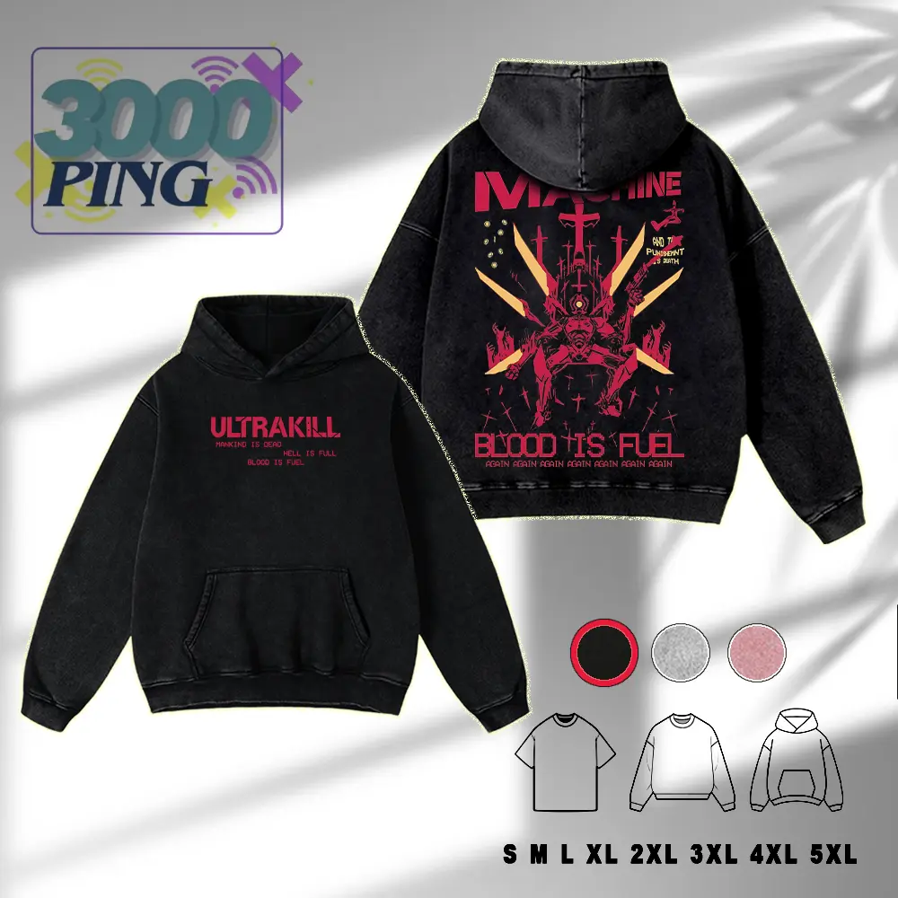 Ultrakill Blood Is Fuel Graphic Hoodie/T-shirt, Vintage Acid Wash Streetwear, Retro Indie Gaming Pullover, Cyber-Grind Aesthetic Heavyweight Sweatshirt tee