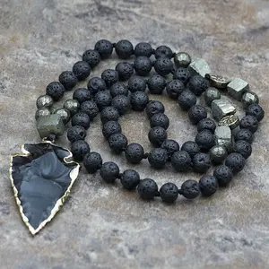 Natural Lava Rock Volcano Stone Beaded Necklace Obsidian Arrowhead Pendant Necklace