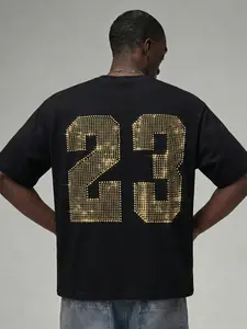 Gold Rhinestone Number "23" Graphic Oversized T-Shirt | Unisex Streetwear Loose Fit Tee | Casual Sparkle Rhinestone Print Top for Daily Wear, Street Fashion, Weekend Hangouts & Summer Vacations, Ideal for Y2K Lovers & Trendsetters