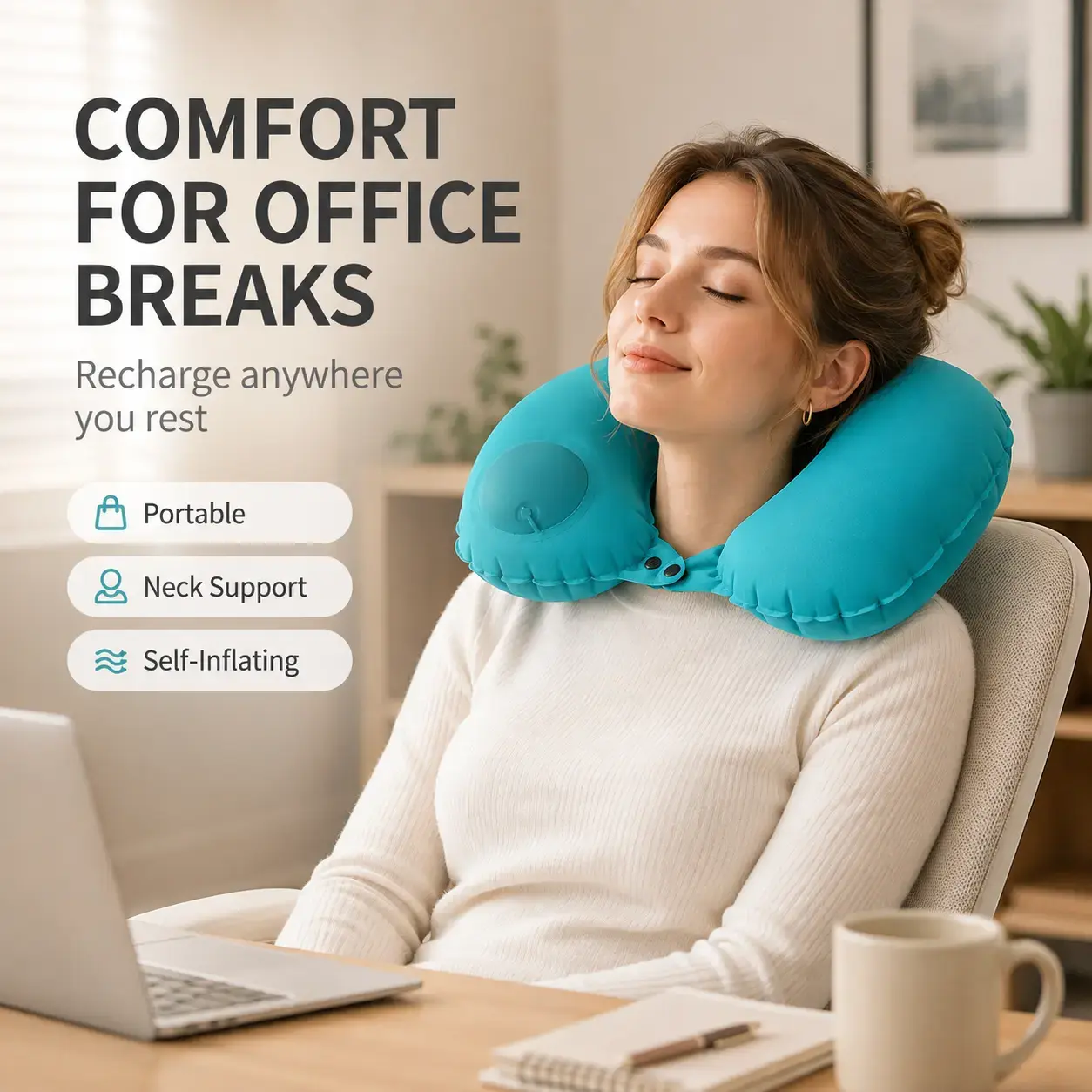 Upgrade Inflatable U-Shaped Travel Neck Pillow with Raised Back Neck Support, Press Type Self-Inflating Air Pillow, Portable Foldable Neck Cushion for Airplane, Car & Office Rest