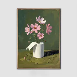 Toilet Paper Plant Art Print, Pink Flower Still Life Wall Art, Green Vintage Painting, Whimsical Bathroom Wall Art, No Frame