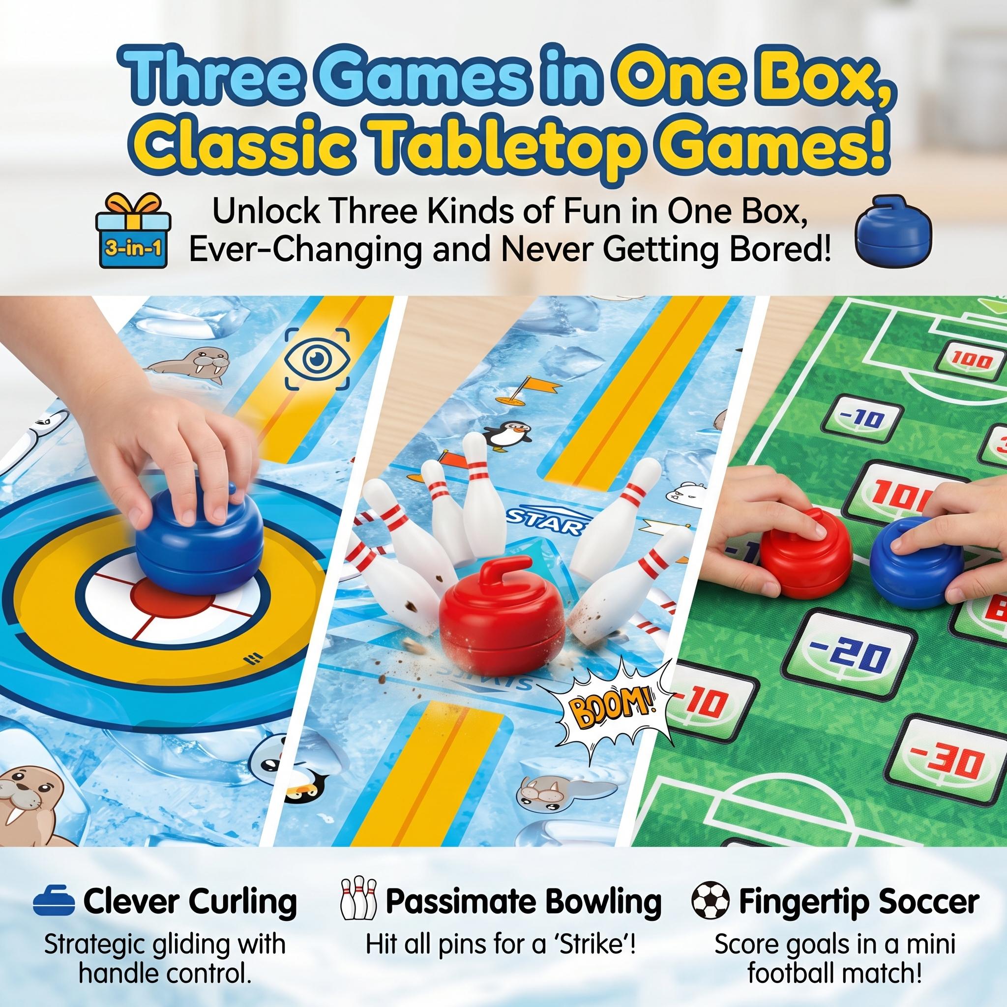 Football Carnival! 3-in-1 Tabletop Game Set | Mini Soccer, Curling & Bowling | Portable Parent-Child Indoor Competitive Toy | Ideal for Parties, Gatherings, Travel & Entertainment, Suitable for Kids and Adults