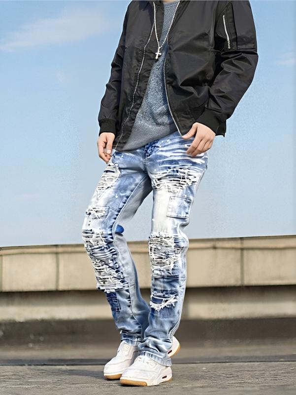 Heavy Distressed Ripped Stacked Jeans for Men Trendy Denim with Torn Details Stacked Fit Comfortable & Stylish japanese  raw  denim holiday  party  outfits dark  wash  jeans slim  fit  baggy vaquero  men levi jaded london  casting bootcut levis  mid  rise