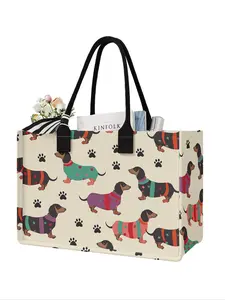 Dog Pattern Fashionable Tote Bag Set, Large Capacity Shoulder Bag & Cosmetic Bag, Travel Bag Set for Women & Girls