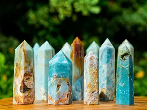 Natural Caribbean Calcite Tower Point-Blue Aragonite Tower-Crystal Obelisk Wand-Chakra Tower-Throat Chakra Healing Crystal Home Decoration
