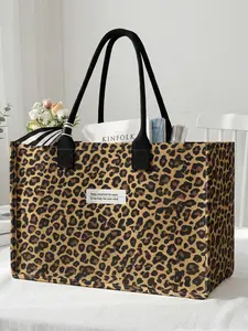 1 piece of leopard print pattern + 'Feel the warm' 2D printed large capacity storage bag, extra large storage bag, sturdy handle, space-saving multi-purpose, suitable for use at school, on business trips, and shopping