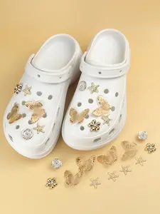 12pcs ABS Resin Golden ButterflyLuxury Rose Starf Shoe Charms Bling Rhinestone Shoes Decorations Golden Flower Shaped Shoe Accessories DIY Mutlifunctional Star Shoe Clips Fit Women Sandals Slides Slippers Birthday Festival Party Gifts