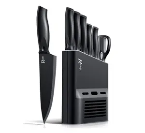 Kitchen Knife Set with Block, 7 Pieces Chef Knives, Scissor, for Meat, Vegetables, Fruits, Chopping, Slicing & Dicing