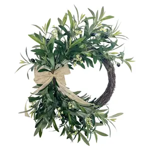 [Artificial Olive Wreath] Vintage Spring Artificial Olive Wreath, A Piece, Adorned with Olive Fruits And a Bow | Suitable for Front Door Decoration, Indoor And Outdoor Use | Festive Decoration, No Feathers, No Electricity