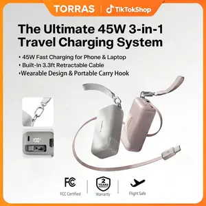 TORRAS PowerGo 3in1 PowerBank Charger 45W Fast Charging 10000mAh Portable Battery with 3.3ft Retractable Cable Travel Hook for iPhone iPad MacBook Galaxy - Compact, Device A