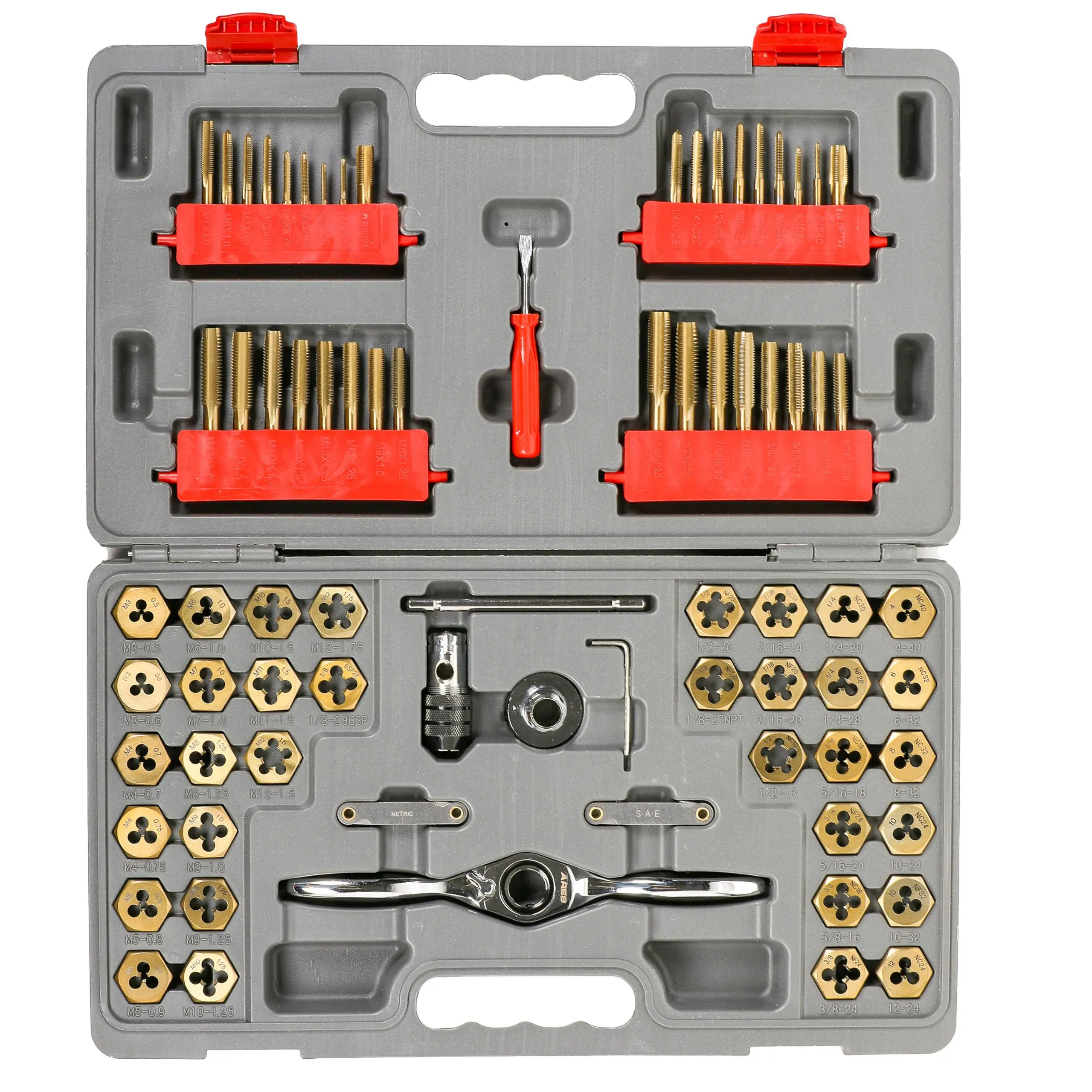 ARES 10079-76-Piece Master Ratcheting Tap and Die Set – Metric and SAE Sizes for Creating and Repairing Screw Threads – Titanium Coated Finish - Reversible Ratchet Makes Turning Threads Simple