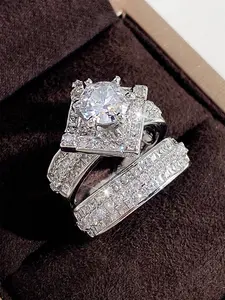 2 Pcs/Set Charm Cubic Zirconia Ring Set For Women For Wedding Engagement Anniversary Party Jewelry Gift, Wedding Rings, Bridal Rings, Elegant Engagement Ring, Engagement Ring Accessories