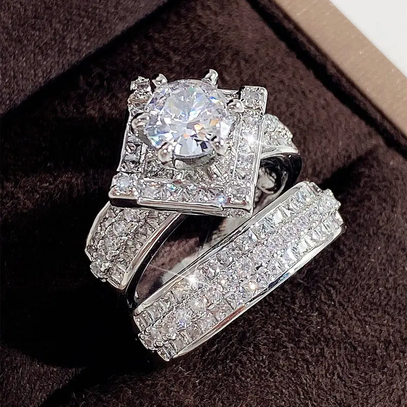 2 Pcs/Set Charm Cubic Zirconia Ring Set Beautiful Rings For Women For Wedding Engagement Anniversary Party Jewelry Gift, Wedding Rings, Bridal Rings, Elegant Engagement Ring, Engagement Ring Accessories