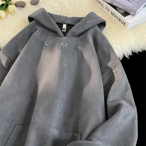New Suede Sweatshirt Men Retro Street Loose Hoodie Embroidery Pattern Gothic Style Hooded Sweatshirt Autumn Male Sweatshirts Menswear Tops Streetwear Stylish