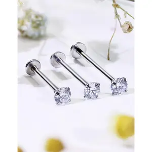 16G Cheek Dimple Tongue Piercing jewelry 316L Stainless Steel Long Lip Labret Rings Barbells Body Piercings Jewelry Cubic Zirconia 4mm Inlaid 14mm-19mm Bar Length 3PCS