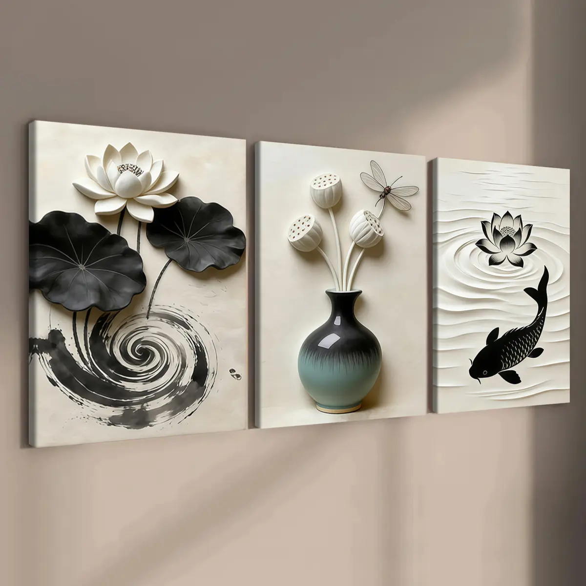 3-count wooden frame canvas, ink-wash lotus and koi three-piece decorative poster, light luxury artistic decoration, fashionable family poster, modern living room decoration, suitable for corridor and bedroom walls, waterproof art