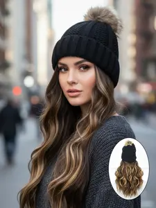 Warm Knitted Beanie Wig With Beach Wavy Hair Extension - Synthetic Hairpiece for Women - Beach Wave Wig - Black Hat, Deep Brown With Highlights.Suitable for autumn and winter seasons, for daily use, and to be worn at Christmas.