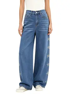 Women's High Waist Wide Leg Jeans, Star Print Loose Fit Denim Jeans, Casual Street Style
