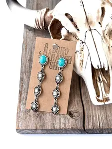 4 Tier Western Concho & Oval Stone Post Drop Earrings: Turquoise