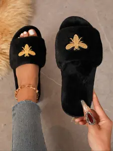 Women's Cute Bee Embroidery Plush Thick Sole Solid Color Slippers, Casual Soft Comfortable Home Slippers, Fuzzy Warm Slippers, Warm Slippers for Indoor & Outdoor Use for All Seasons, Footwear