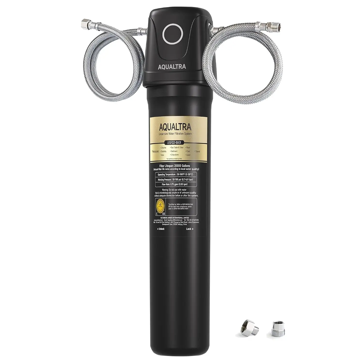 AQUALTRA USF02-BK Under Sink Water Filter System, 20K Gal, NSF/ANSI/CAN 372 Certified, Reduces PFOA, PFOS, Chlorine, Lead, Mercury, Chloramine, Fluoride, Microplastics Particles, Bad Taste & Odor