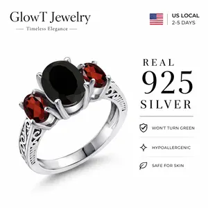 S925 Mother's Day 2.73 Cttw Black Onyx and Red Gamet 3 Stone Ring For Women, Sterling Silver Artificial Gemstone Jewelry, Vintage Synthetic Obsidian Ring Wedding Engagement Anniversary Promise Ring For Women