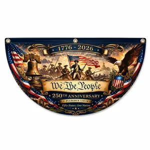 (1 Piece) America 250th Anniversary Half-Fan Flag, We The People Patriotic Porch Bunting for Key U.S. Holidays, 1776-2026 USA Eagle Liberty Bell Porch Railing Fence Banner Outdoor Decor with 2 Grommet Holes