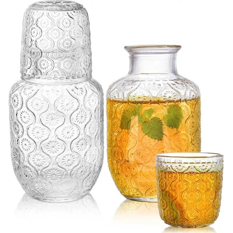 4 Pcs Bedside Water Carafe and Glass Tumblers, 20 OZ Clear Nightstand Pitcher with 5 OZ Cup Set, Glass Mouthwash Decanter Vintage Elegant Glassware for Juice, Kitchen, Bedroom, Bar, Bathroom