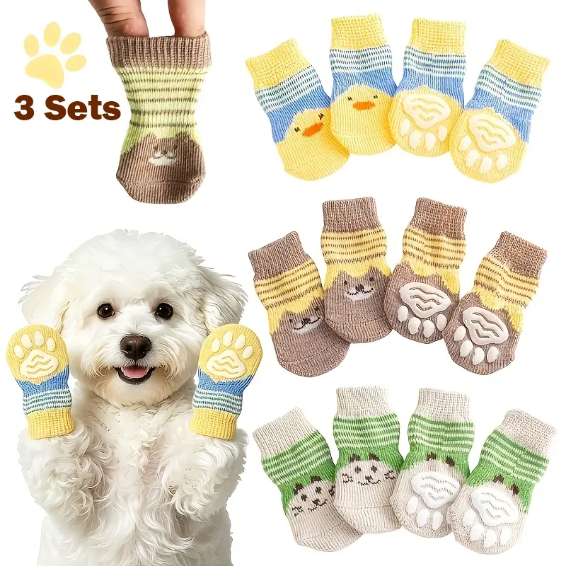 3 Sets / a Set Cute Cartoon Non-Slip Pet Socks, Breathable Paw Protectors for Dogs & Cats, Helps Prevent Paw Licking, Comfortable Indoor & Outdoor Pet Shoes for All Seasons puppy