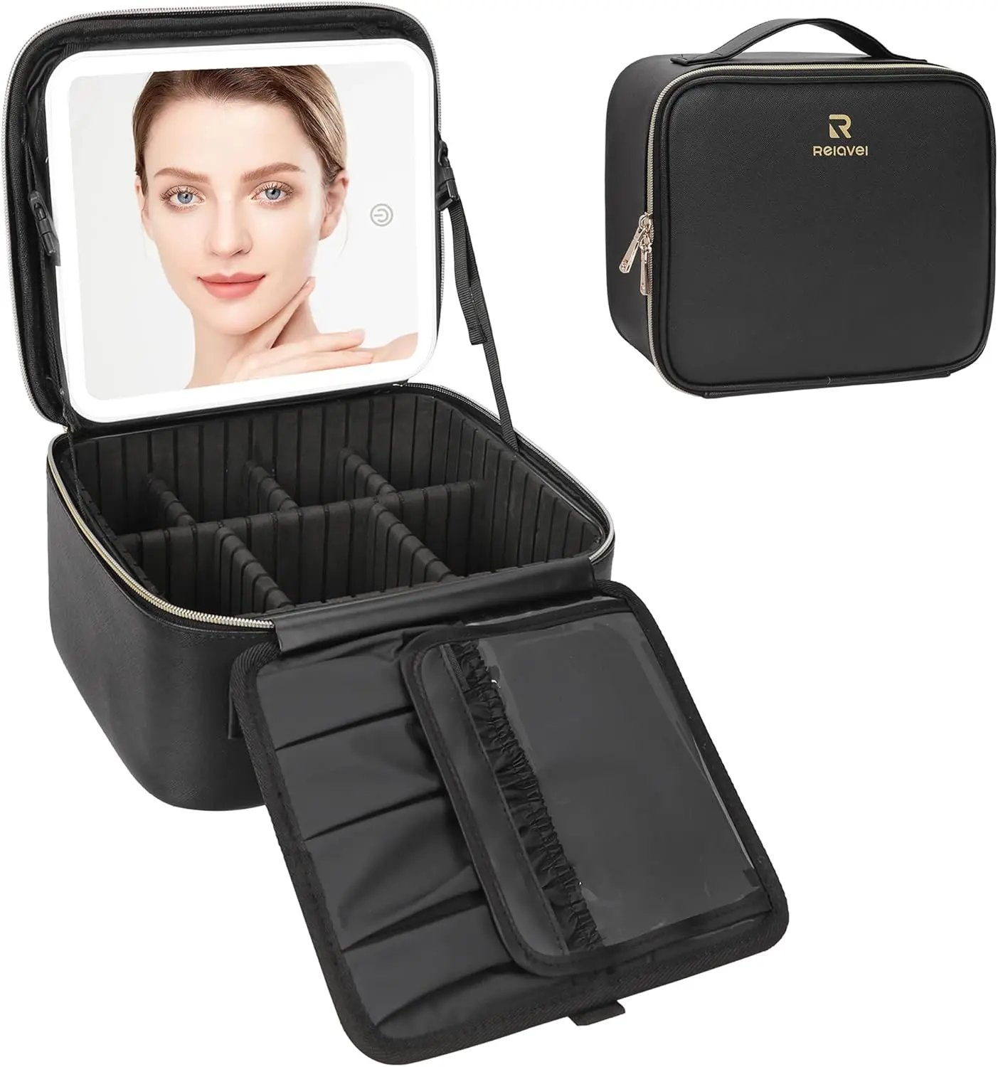 Black LED Mirror Travel Cosmetic Bag - Portable Artist Organizer, Light-Up Train Case with Adjustable Dividers & Makeup Brush Holder Storage