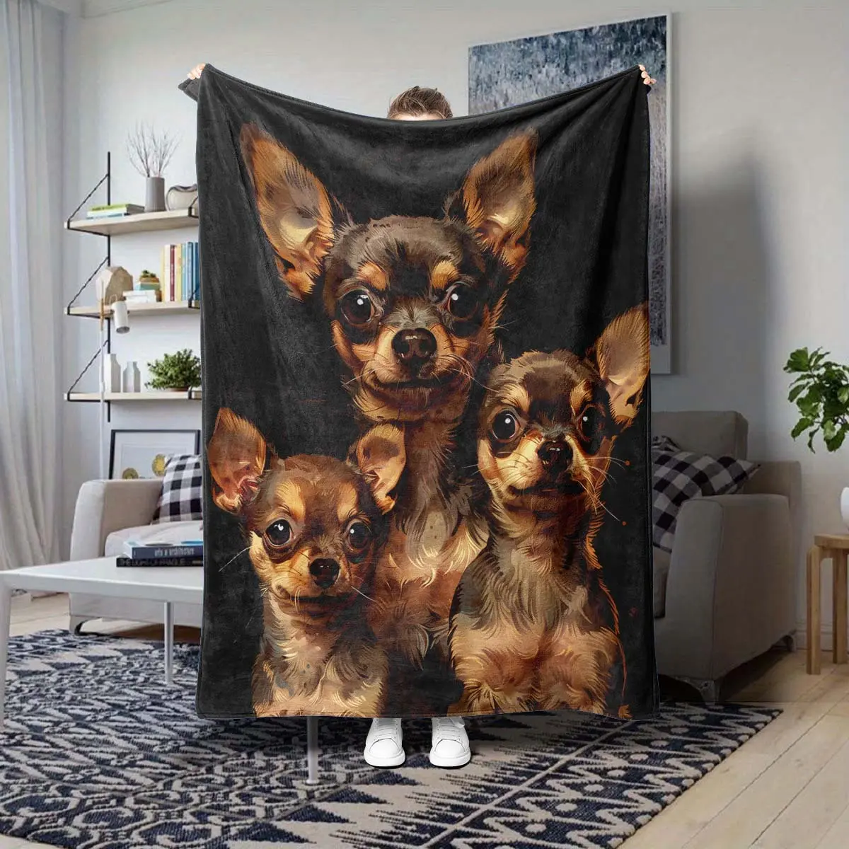 Retro Polyester Velvet Chihuahua Patterned Digital Print Nap Blanket - Soft, Breathable, Durable, Mixed Color, All-Season, Machine Washable, Car Interior Accessories, Contemporary Home Decor, Ideal Gift