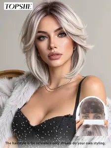 Topshe 13x6 Lace Front Wig, Short White Silver Bob Straight Hair, Natural Layered Cut, Straight, Heat Resistant, Easy Wear, Lace Frontal Wigs, Lace Closure Wigs