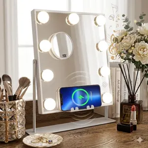 Hollywood Vanity Makeup Mirror with Lights Bluetooth Wireless Charging Tabletop Metal White