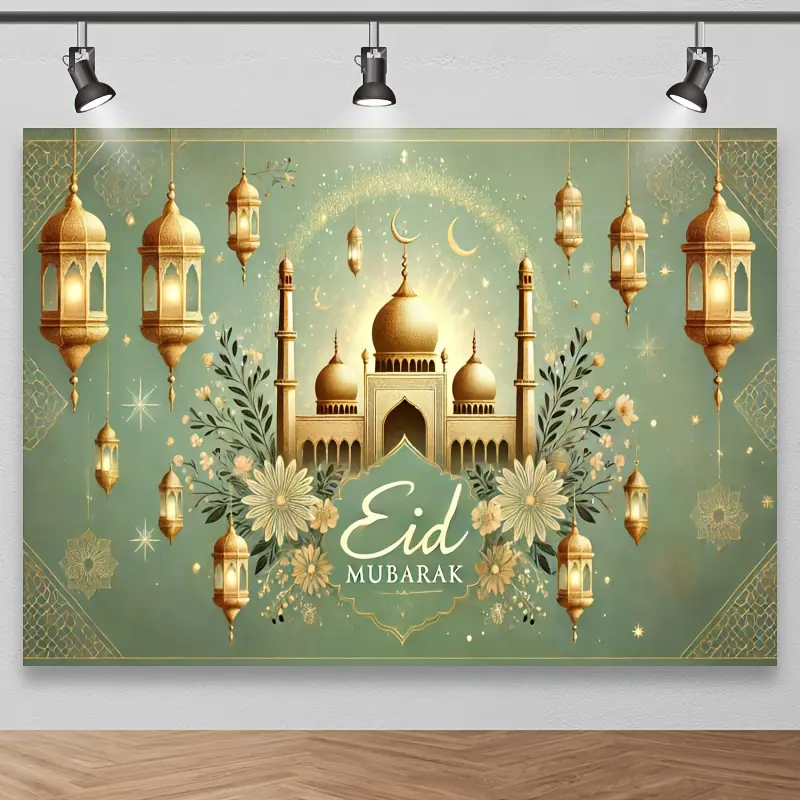 1pc Glam Reusable Synthetic Indoor Photo Backdrop - Washable Polyester 1-Piece Eid Mubarak Studio Background with Green Banners, Golden Banners, Crescent Moon Lanterns, Floral Ornaments for Ramadan Decor Prints