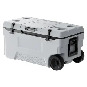 【fathersdaygift】Portable Cooler 74 QT Insulated Wheeled Cooler 120 Can Capacity with Cup Holder