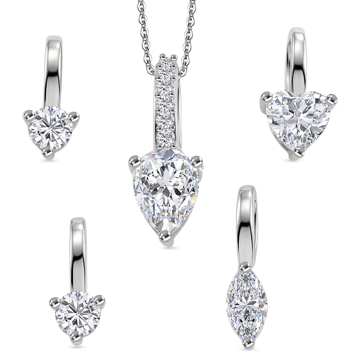 D'Joy White Topaz 2.10 ctw Set of 5 Radiant Fan Pendants Necklace in Rhodium Over Sterling Silver 20 Inches