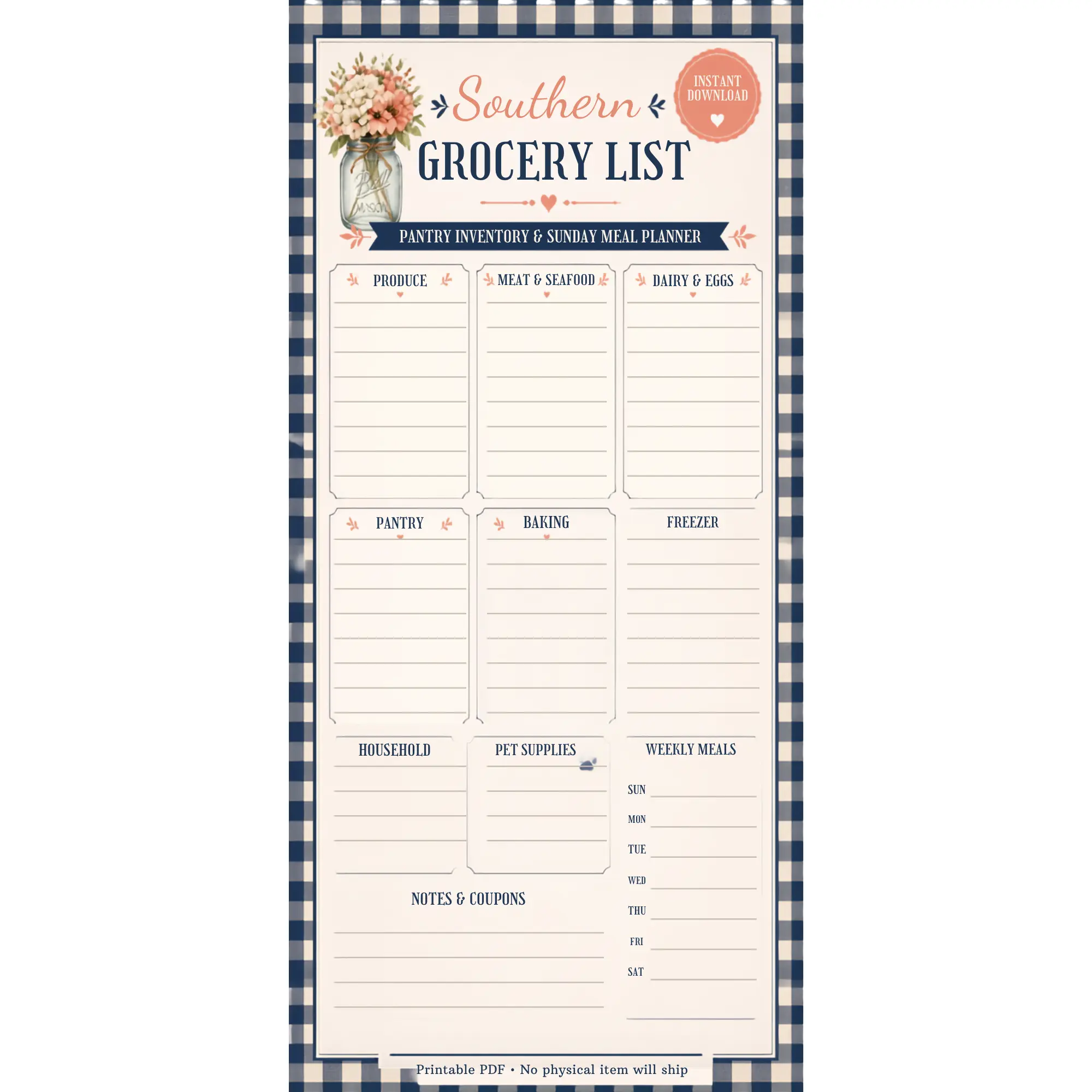 Southern Grocery List – Pantry Inventory & Sunday Meal Planner | Printable PDF