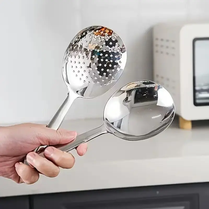2pcs Thickened Stainless Steel Serving Set, Heat-Resistant Ladle and Strainer, Kitchen Utensils for Home and Commercial Use, Soup Ladle Stainless Steel