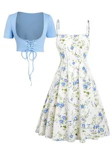 Floral Print Sleeveless Cami Dress & Solid Lace-Up Short Sleeve Crop Top Two-Piece Set