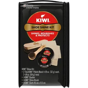 KIWI Shoe Shine Kit, Black - Gives Shoes Long-Lasting Shine and Protection (2 Tins, 1 Brush, 1 Dauber and 1 Cloth)