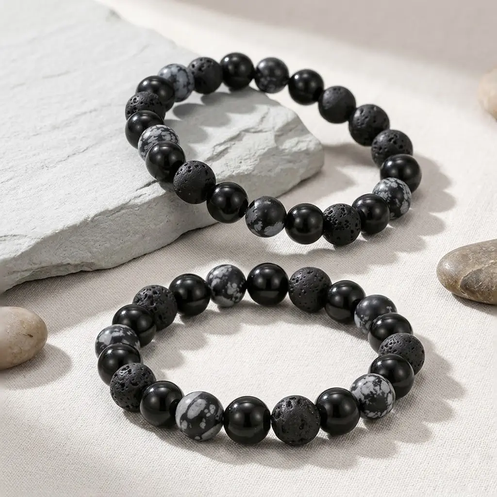 Black Obsidian & Lava Rock Beaded Bracelet - 8mm/10mm Natural Crystals, Minimalist Grounding Casual Everyday Jewelry, Stress Relief Meditation Essential Oil Diffuser Gift for Men (Father's Day)