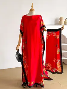 Elegant Floral Print Silk Dress Set for Women, Casual Loose-Fitting Long Robe & Scarf, Beach Sun Protection Satin Shawl