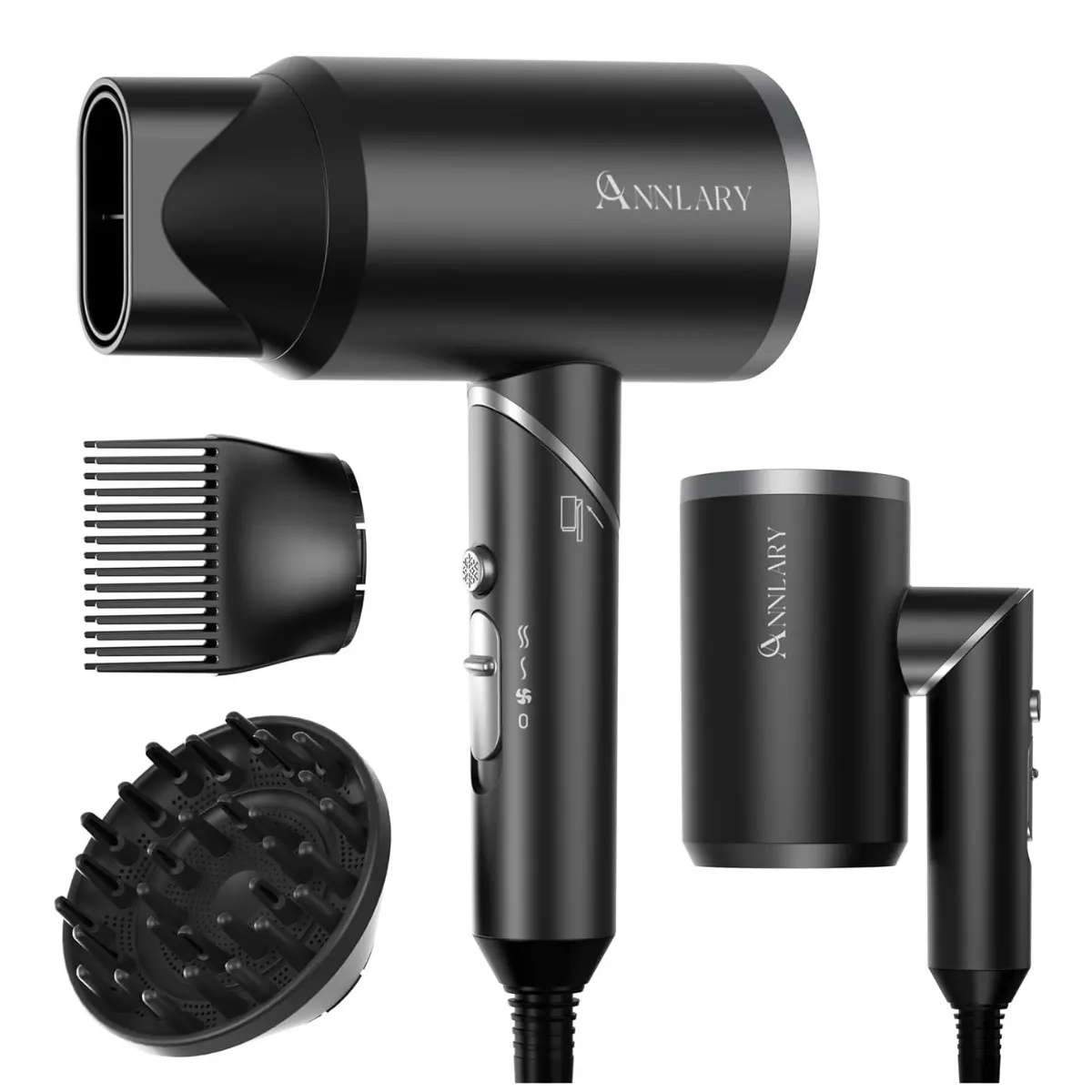 ANNLARY 1800W Plasma Ionic Hair Dryer with Comb, Diffuser for Curly Hair, Frizz Control, Foldable Portable Low Noise Design, 6.5 ft ALCI Cord