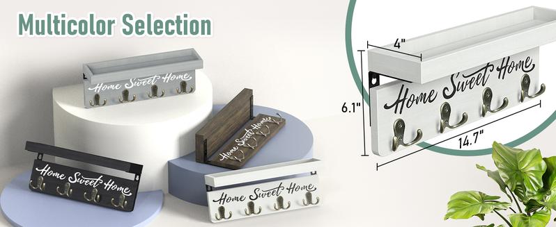 Wall-Mounted Key and Mail Holder, Wooden Key Rack with 4 Double Key Hooks, Rustic Home Decor for Entryway(White) Metal Shelves Decorative Farmhouse