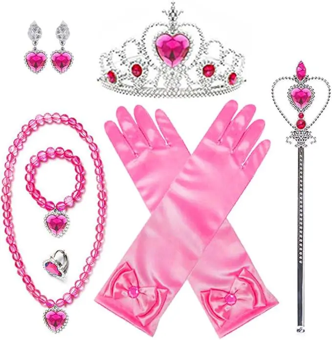 7PCS Dress up Accessories for Girls Aurora Gloves Crown Necklace Wand Earrings Bracelet Ring Princess Christmas Halloween Cosplay Accessories Gifts Set